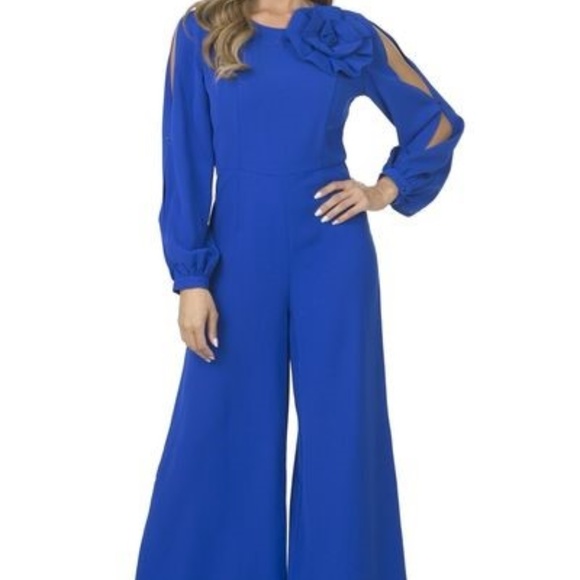 blue cold shoulder jumpsuit